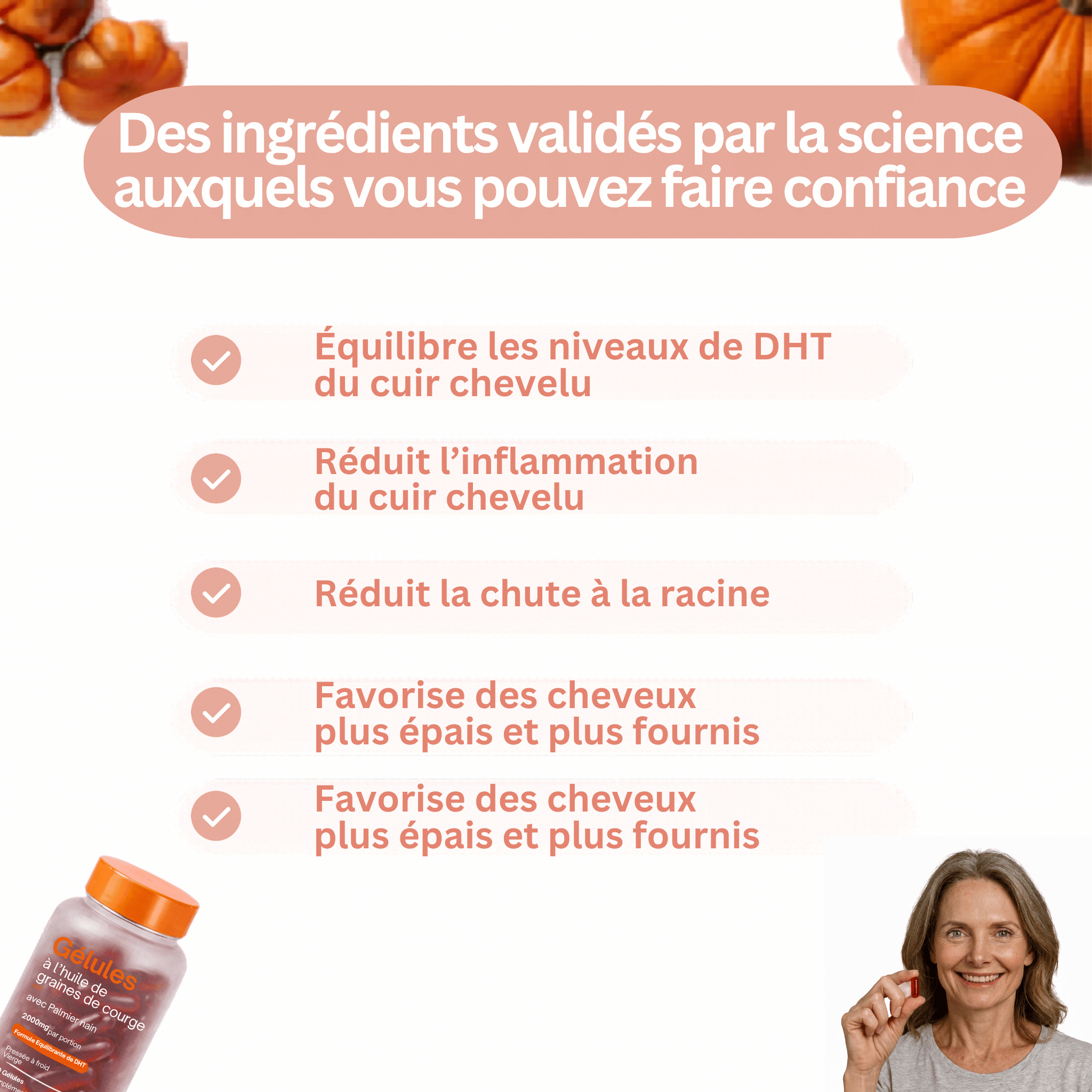 Gélules à l’huile de graines de courge – Cheveux forts & densité naturelle